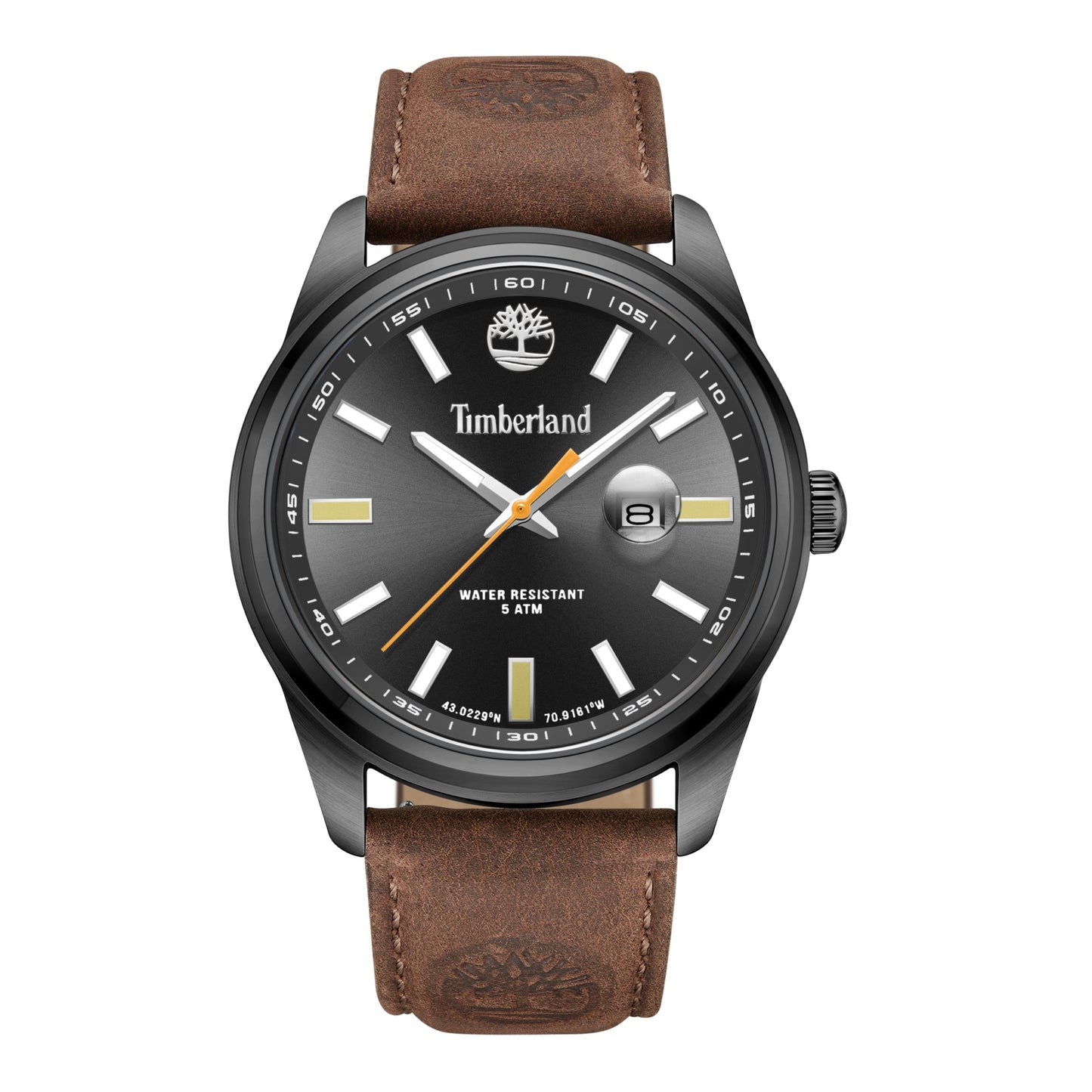 Timberland Orford watch with Japanese quartz, brown leather strap, black dial, and a date display at 3 o'clock.