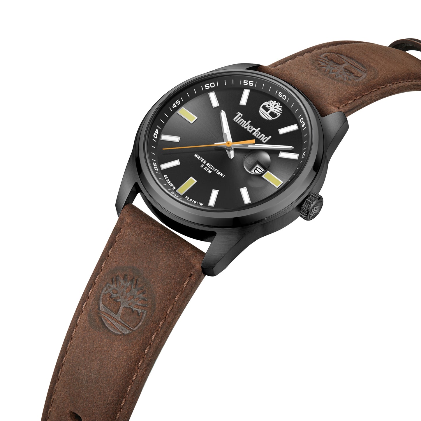 Timberland Orford watch: brown leather strap, tree logo, Japanese quartz, water-resistant, displays time/date with white markers.
