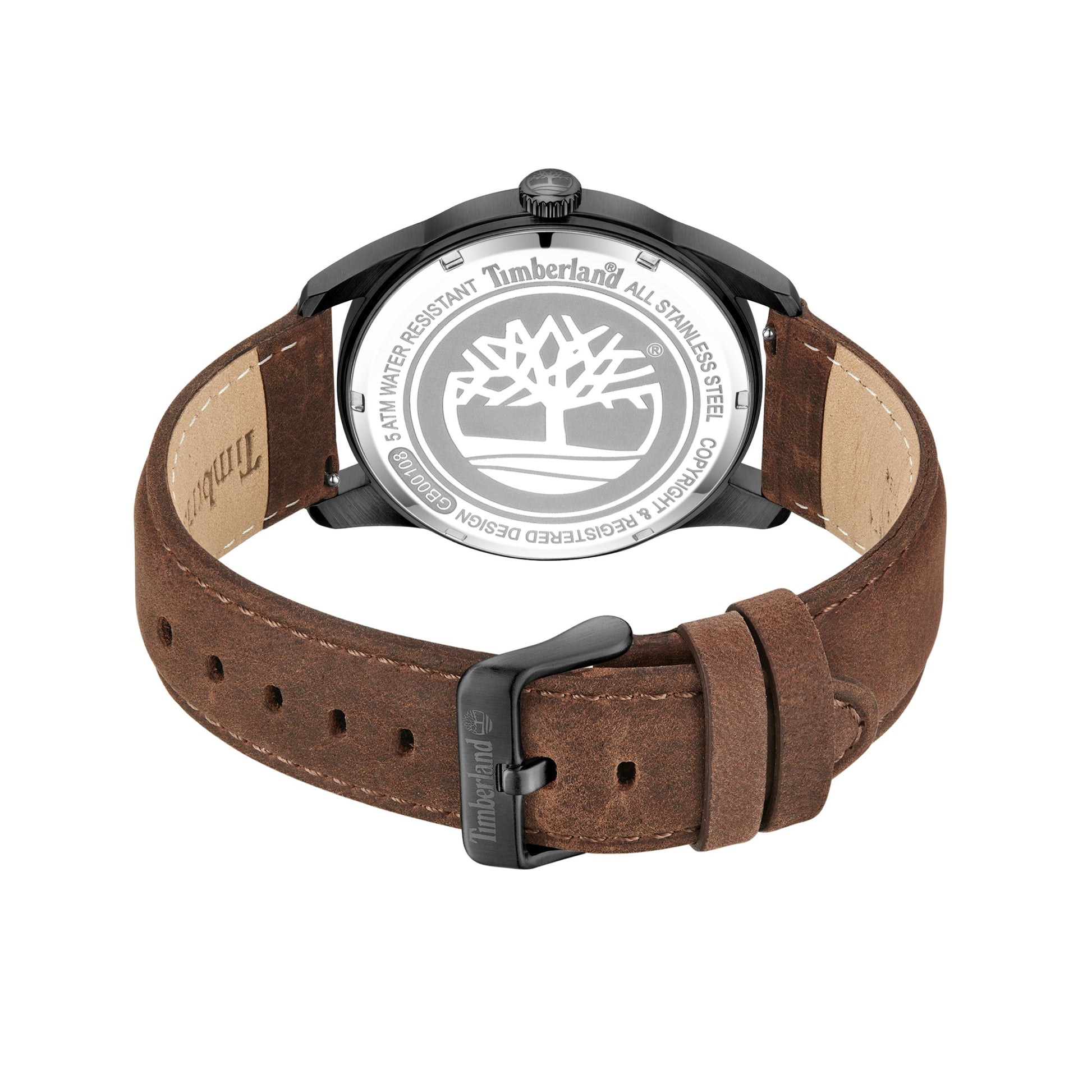 Timberland Orford watch with Japanese quartz, brown leather strap, & engraved logo on the stainless-steel back.