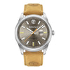 Timberland Orford watch: silver with tan strap, white indices, orange second hand, date window; logo on face.