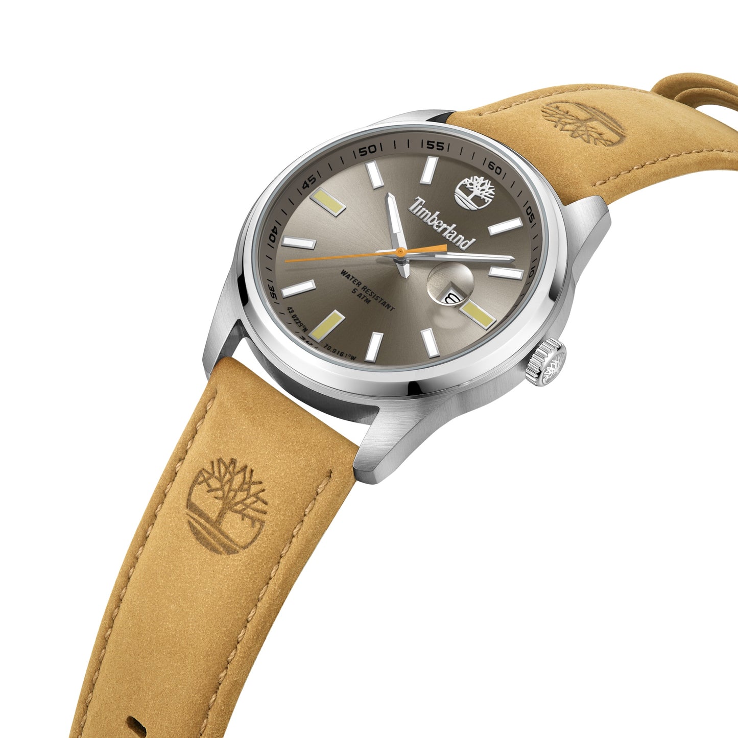 A Timberland Orford men's watch has a tan leather strap, silver casing, brown dial, and white logo.