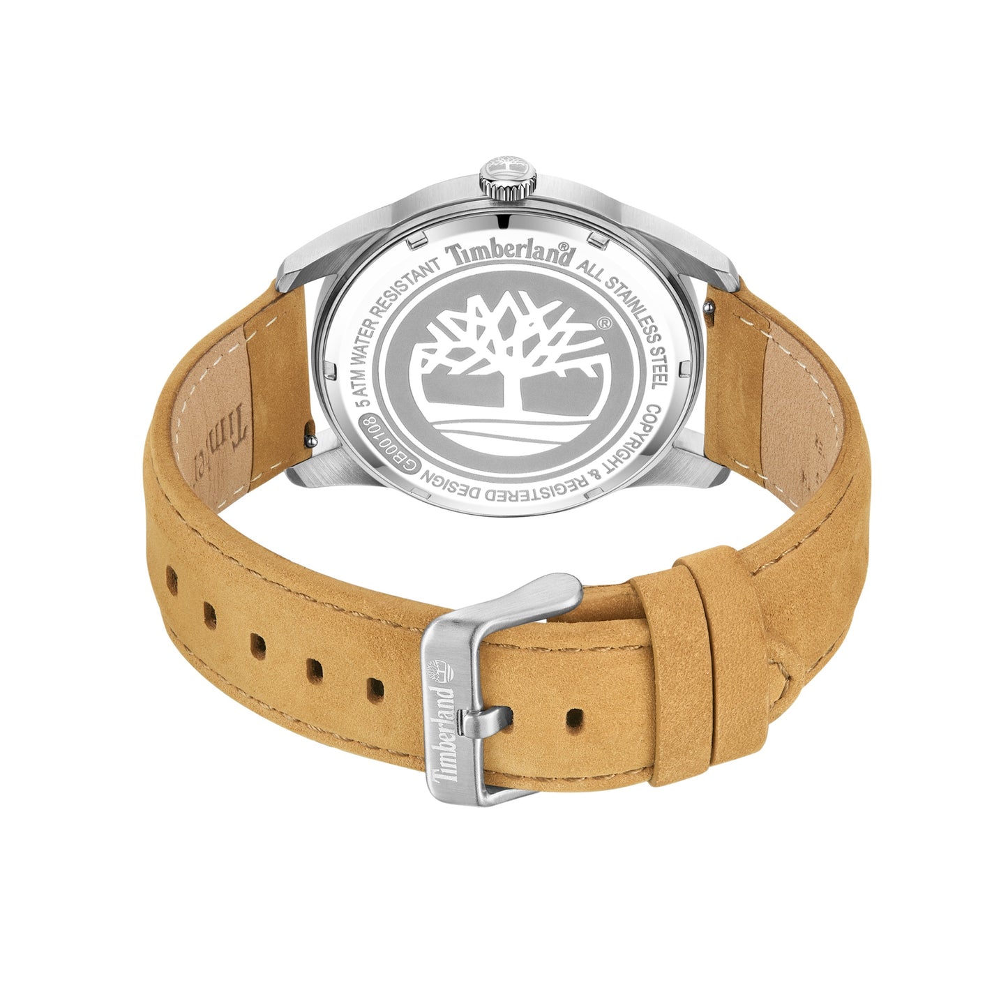 Back of the Timberland Orford Men's watch with tan leather strap and engraved logo on the stainless steel case.