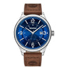 Timberland Blake watch: silver with blue face, white numerals, date; rugged brown leather strap with embossed logo.