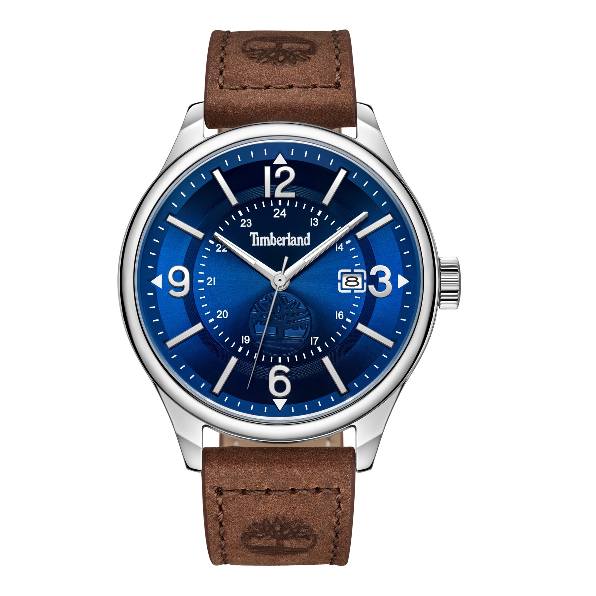 Timberland Blake watch: silver with blue face, white numerals, date; rugged brown leather strap with embossed logo.