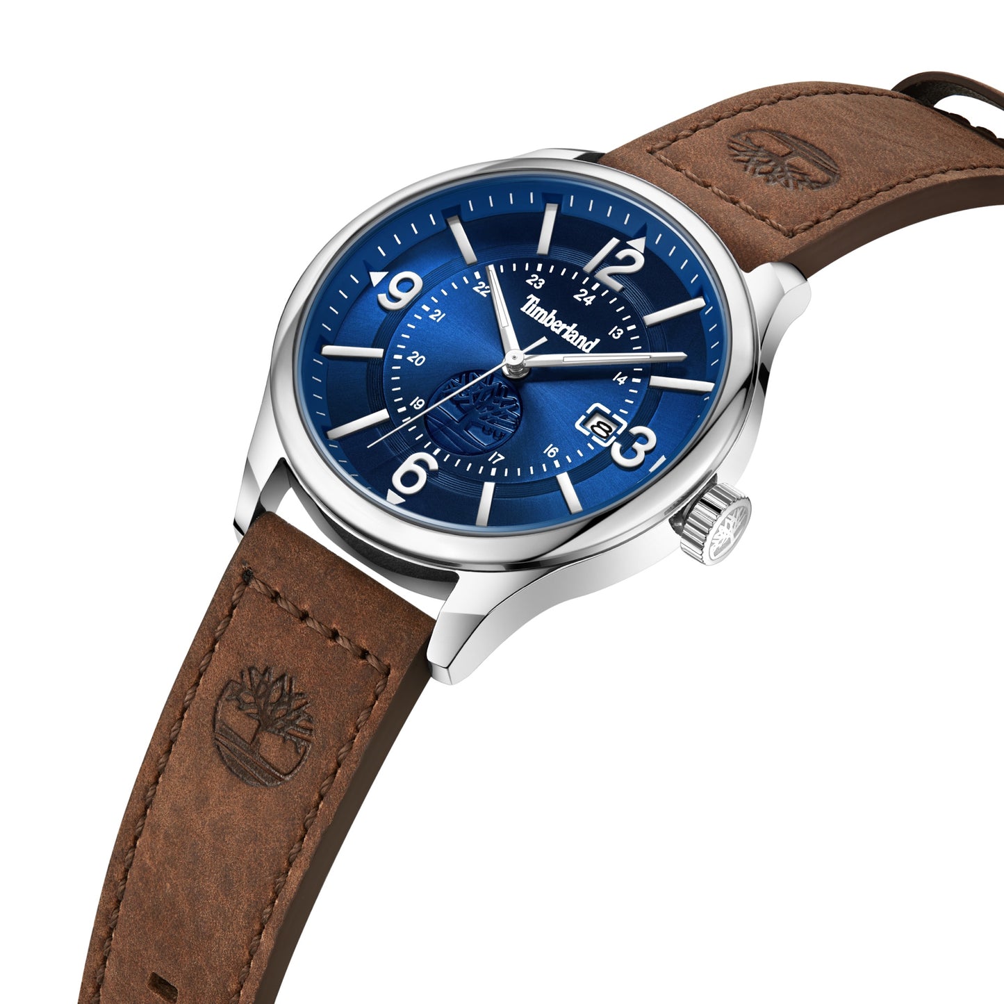 Timberland Blake watch: Stainless steel, blue dial, white numbers, date display, brown leather strap for a rugged look.