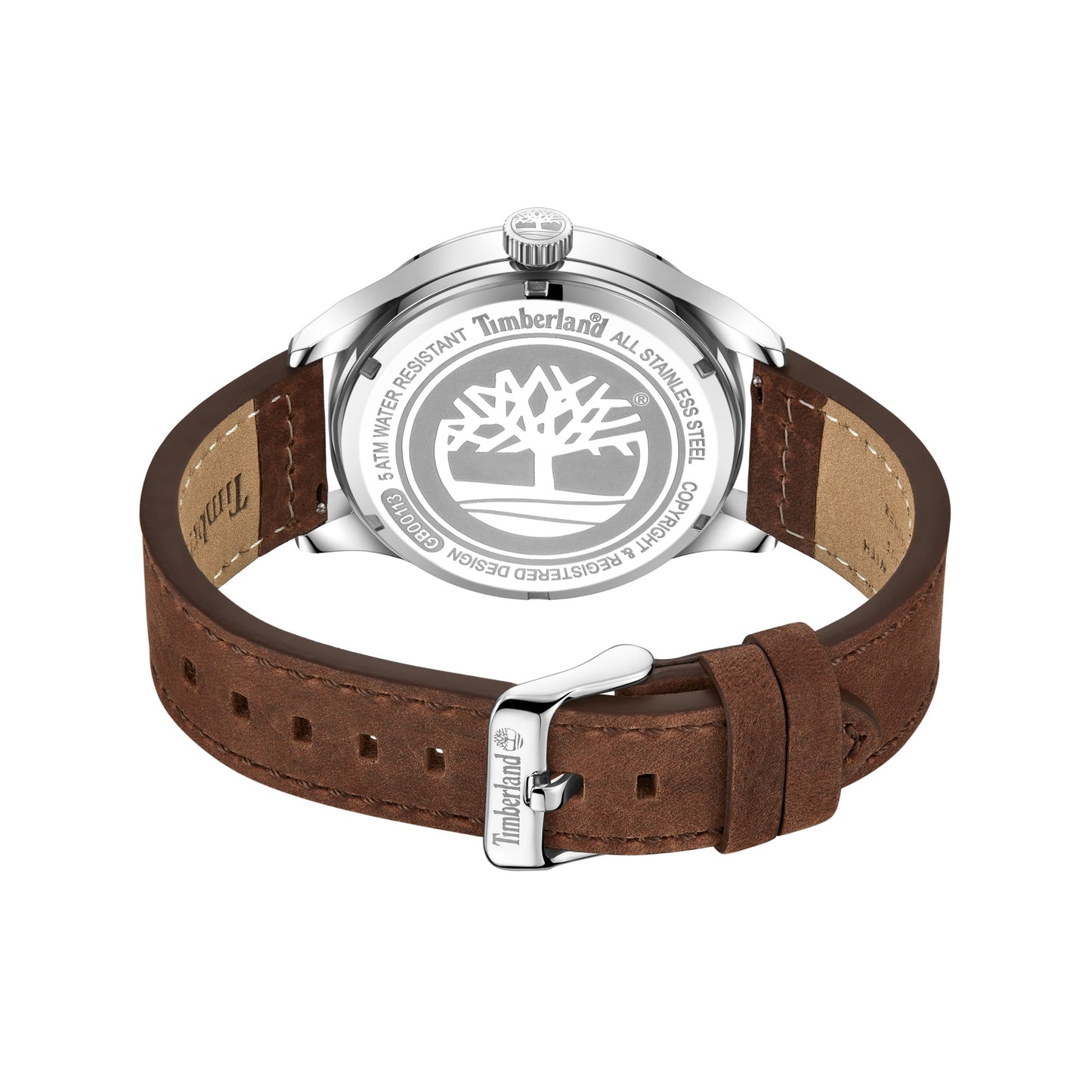 Timberland Blake watch: Stainless steel, leather strap, Japanese Miyota quartz movement, engraved tree logo.