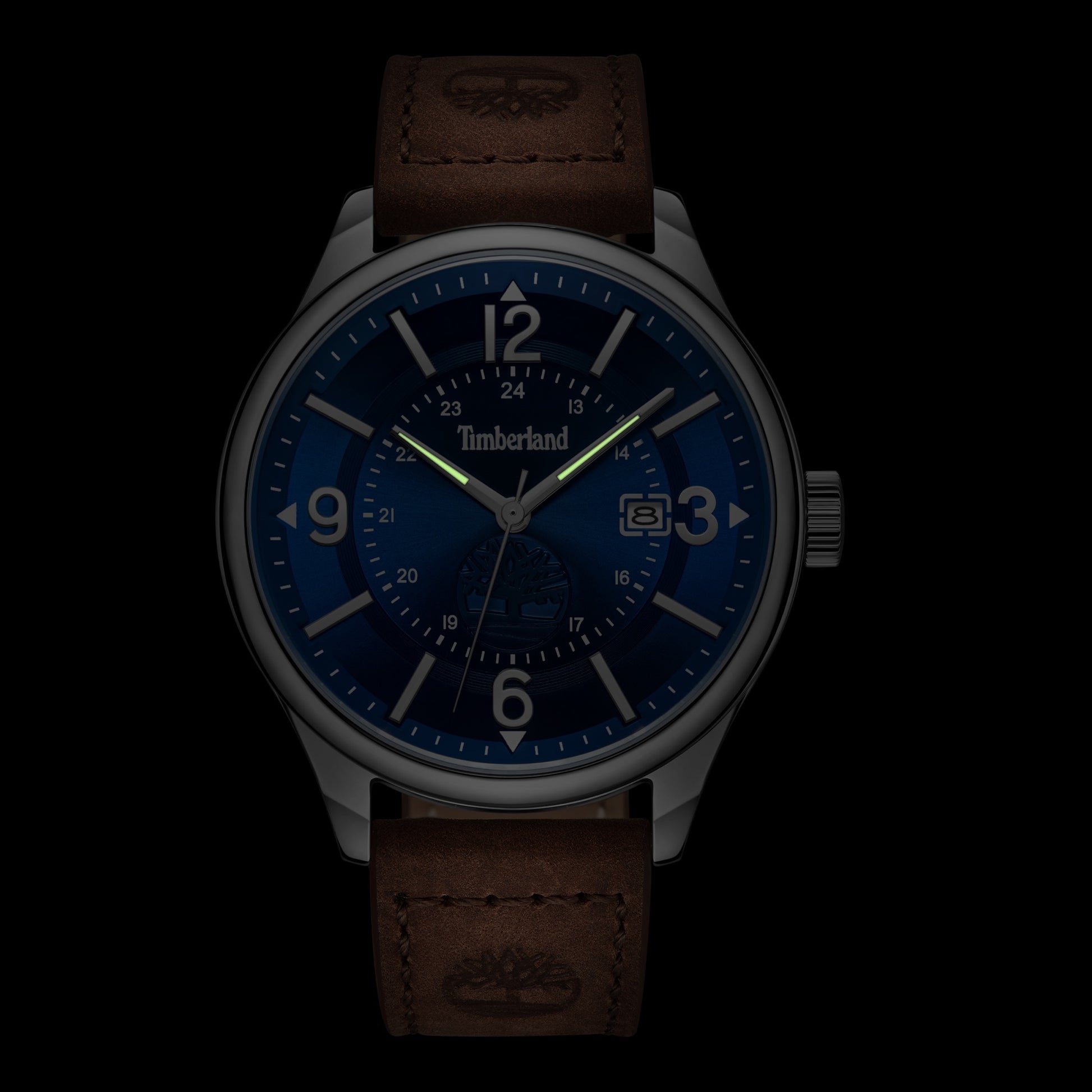 Timberland Blake men's watch with a brown leather strap, blue dial, Miyota quartz movement, and large numerals.
