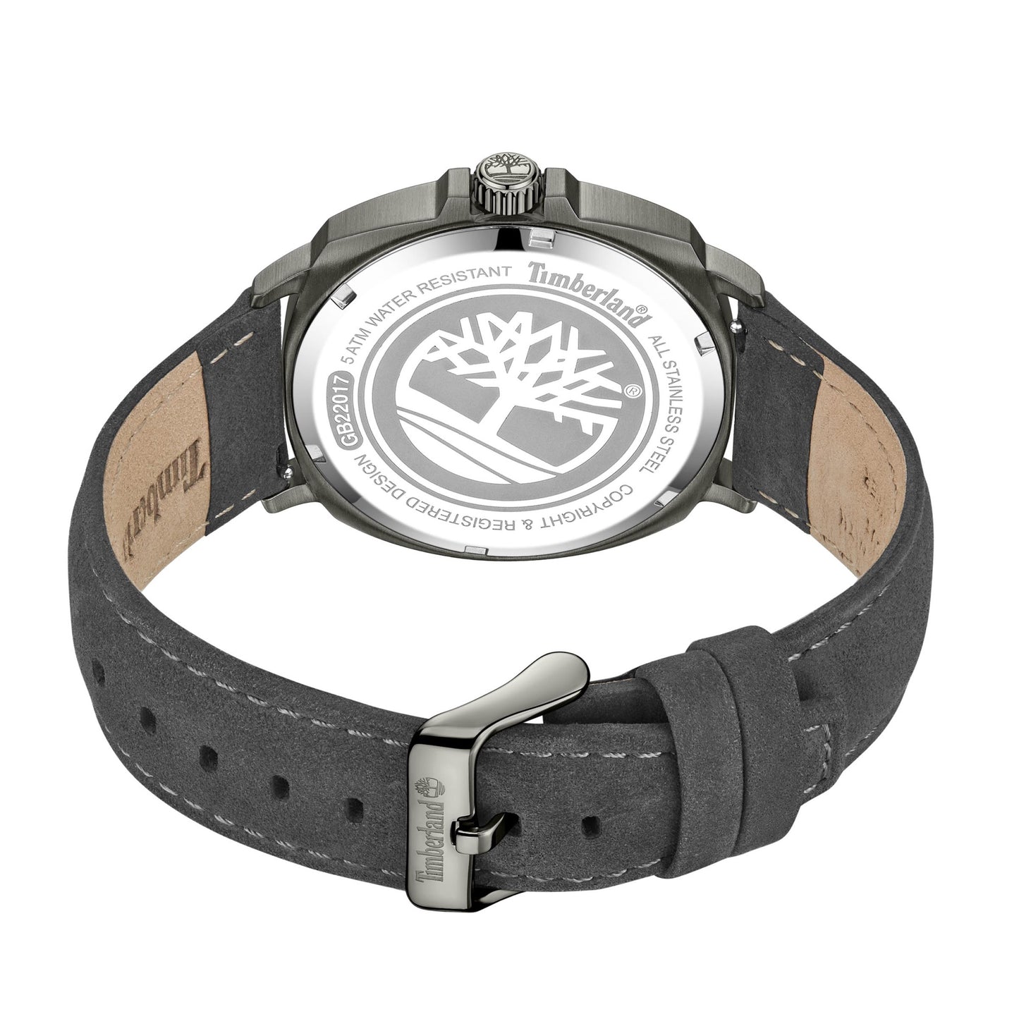 Back view of Timberland Bailard watch with charcoal leather strap and logo engraved on the stainless steel case.