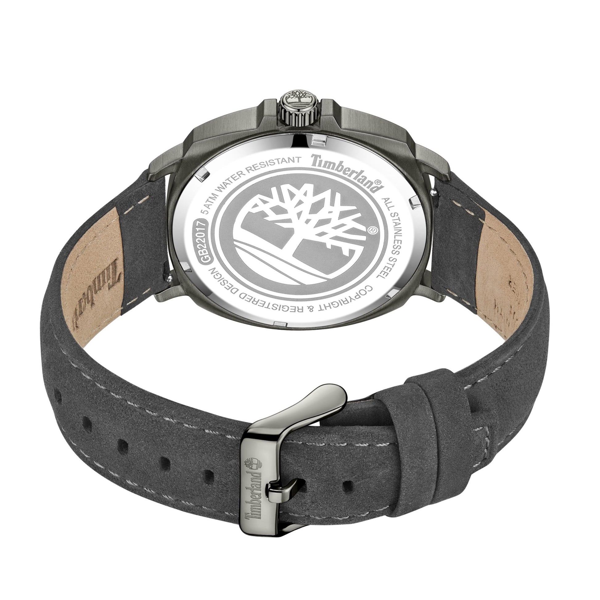Back view of Timberland Bailard watch with charcoal leather strap and logo engraved on the stainless steel case.