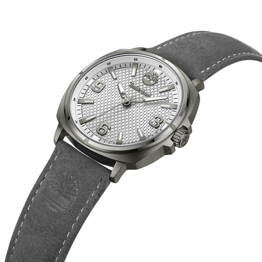 Timberland Bailard watch with a cool grey dial, charcoal leather strap, and sleek markers in a stainless steel case.