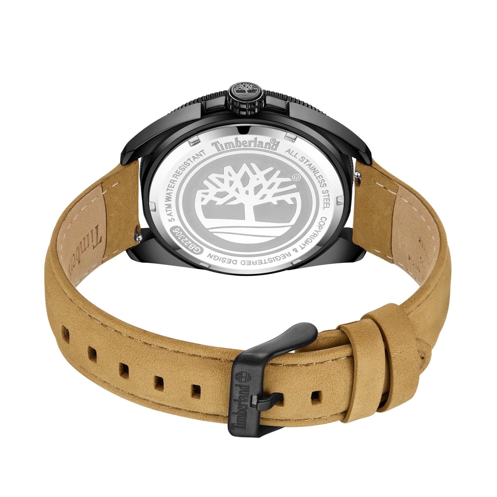 Back view of Timberland Carrigan men's watch: black case, waterproof leather strap, Timberland logo, visible buckle clasp.