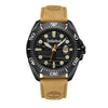 The Timberland Carrigan men's watch has a black dial, brown strap, logo on the dial, and water resistance.