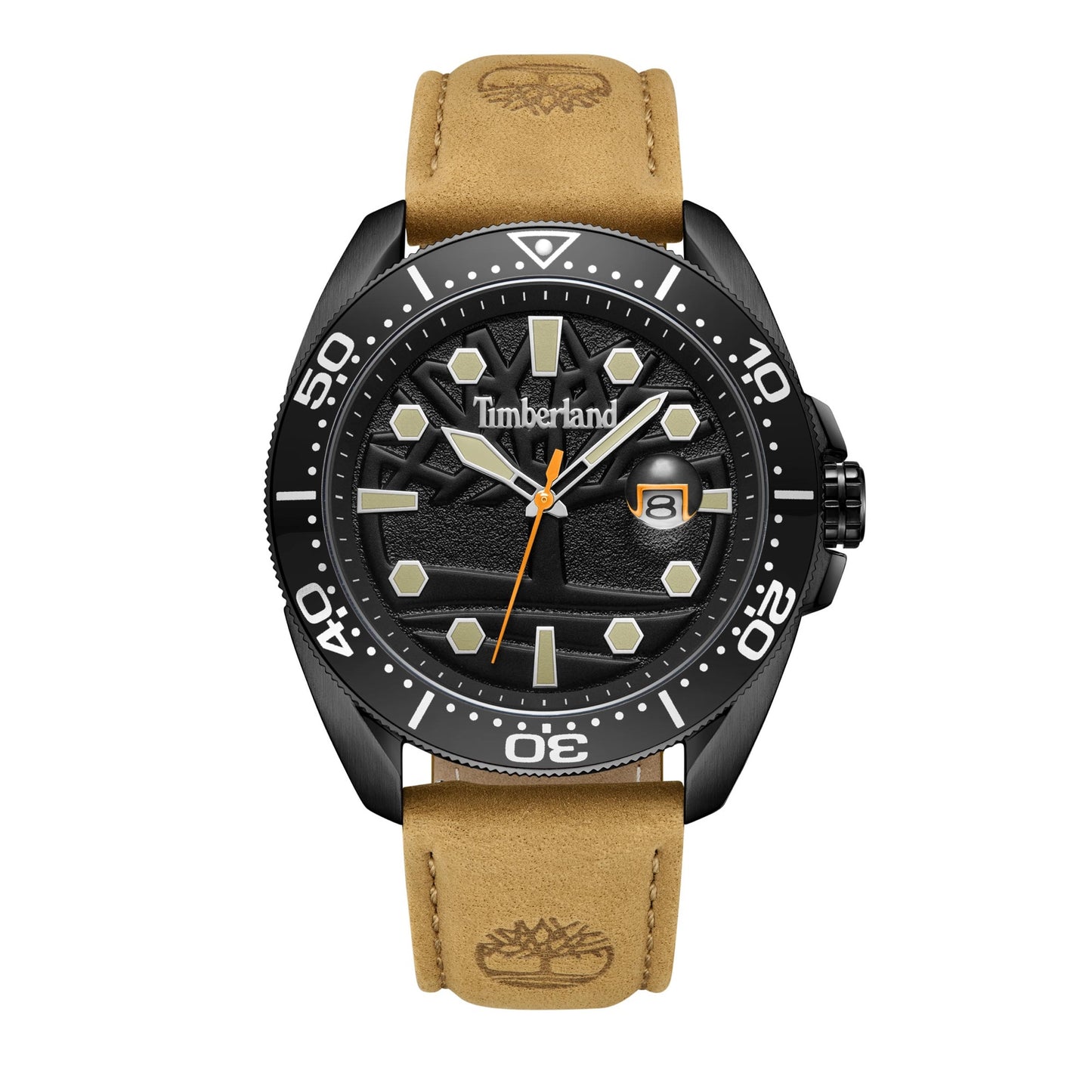 The Timberland Carrigan men's watch has a black dial, brown strap, logo on the dial, and water resistance.