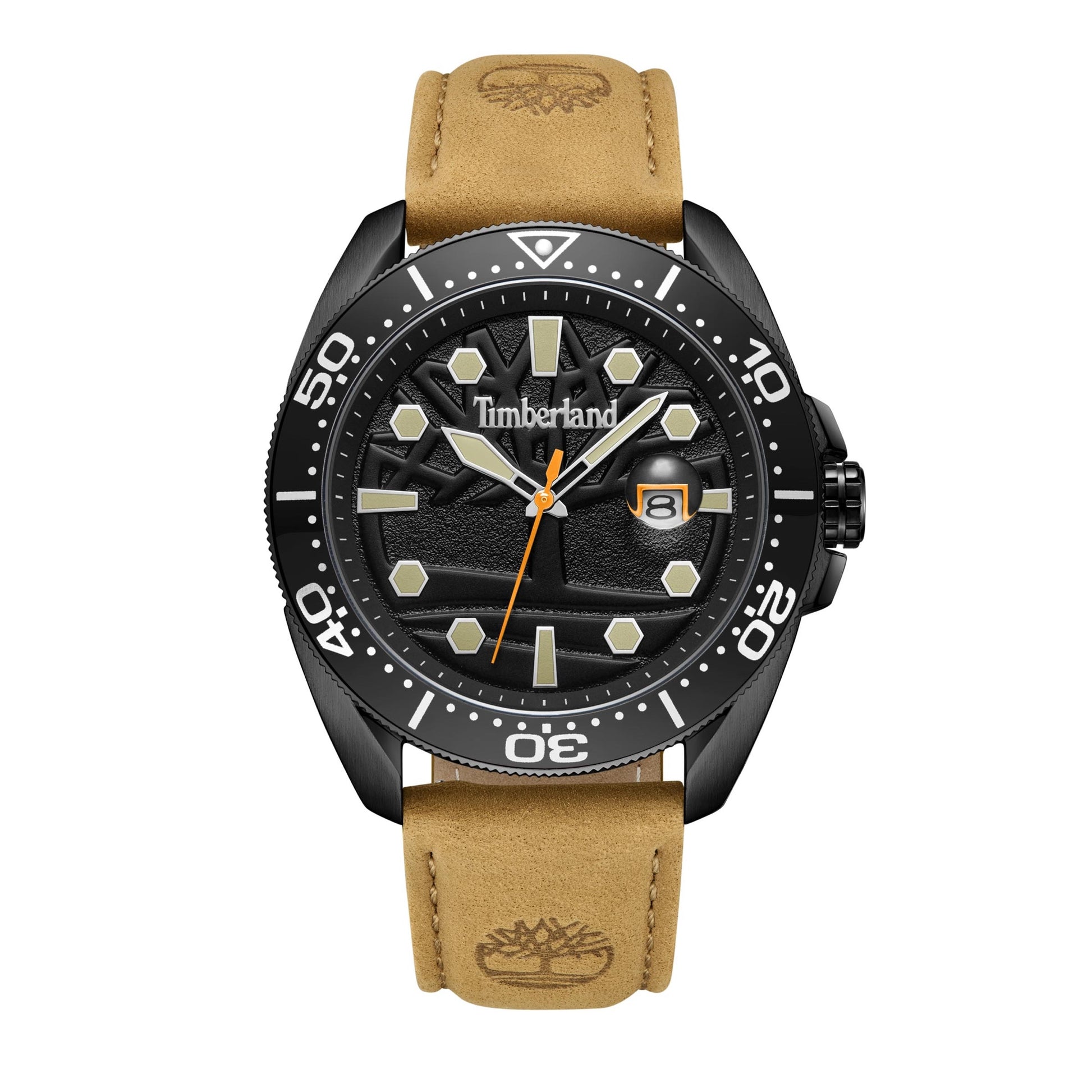 The Timberland Carrigan men's watch has a black dial, brown strap, logo on the dial, and water resistance.