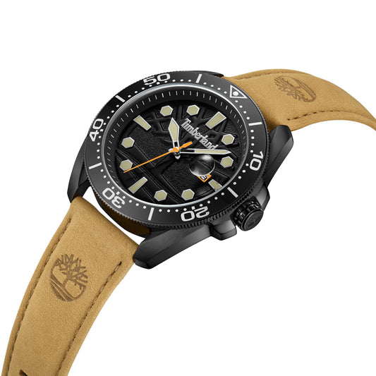 Men's Timberland Carrigan watch: black dial, brown leather strap, large markers, and water-resistant.