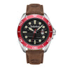 The Timberland Carrigan Men's Watch features a black dial, red bezel, brown leather strap, and a date window.