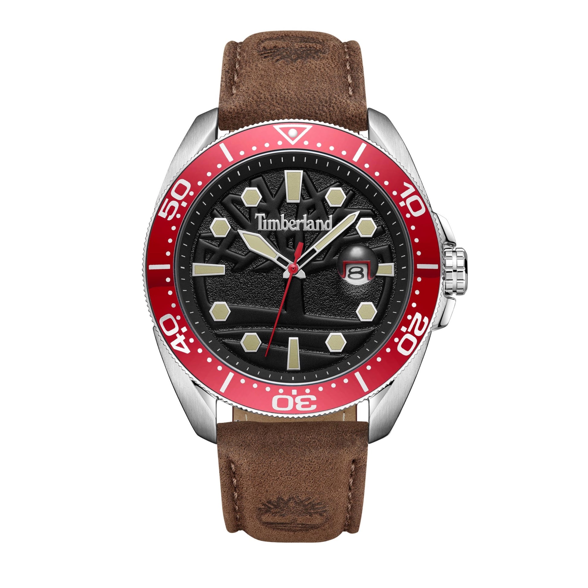 The Timberland Carrigan Men's Watch features a black dial, red bezel, brown leather strap, and a date window.
