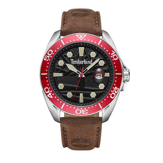 The Timberland Carrigan Men's Watch features a black dial, red bezel, brown leather strap, and a date window.