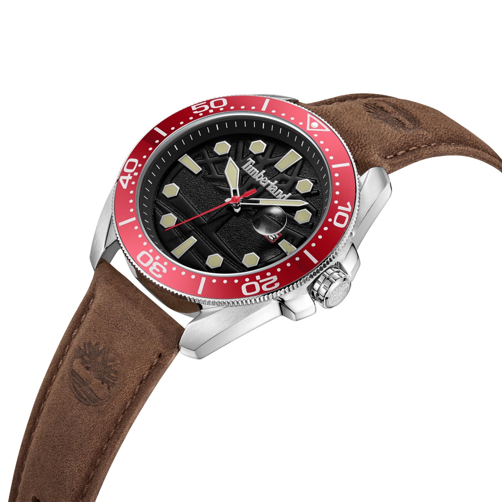 The Timberland Carrigan men's watch has a black dial, red bezel, brown leather strap, and metallic hour markers.