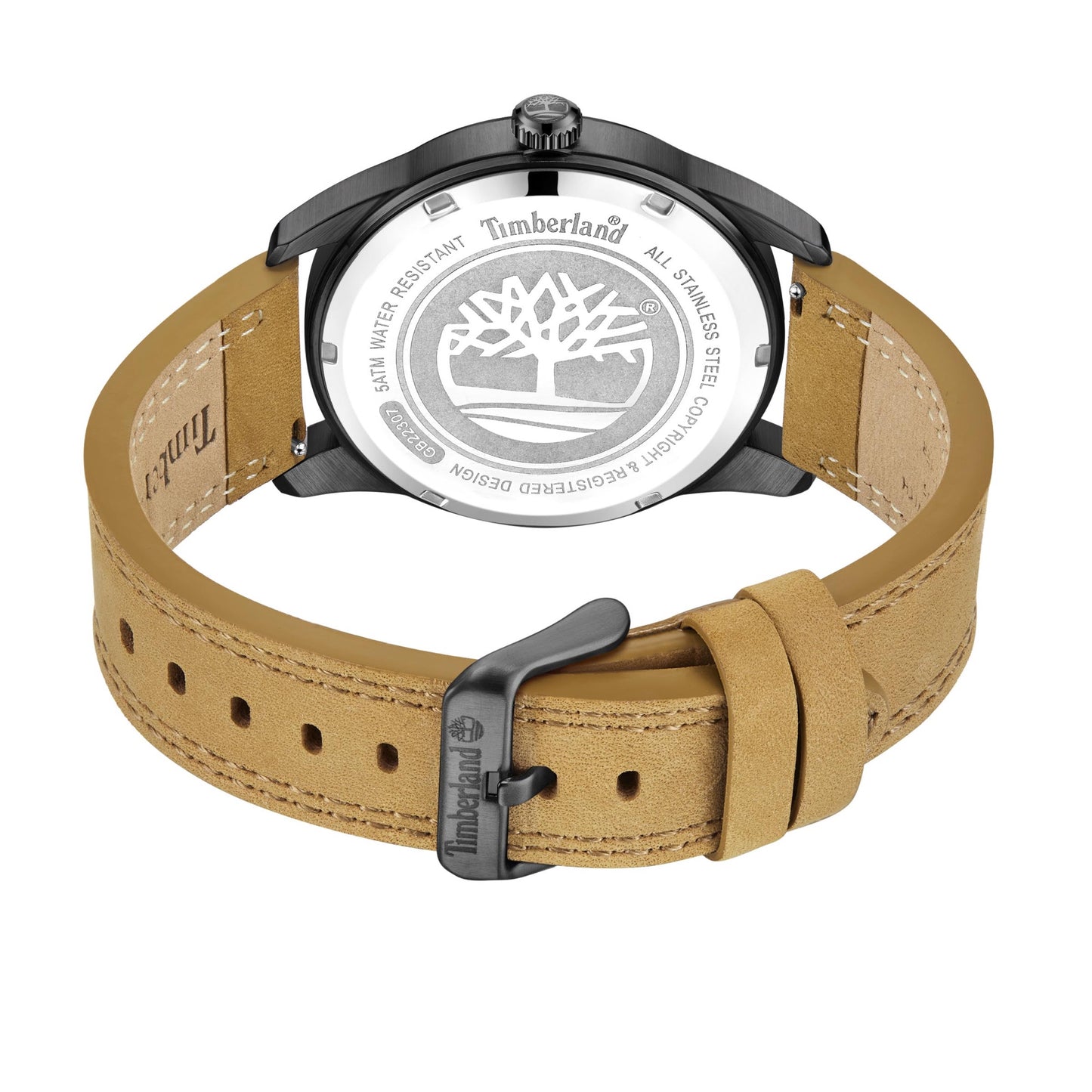 Back of Timberland Sherbrook Men's Watch with brown leather strap and engraved logo on the black-plated stainless steel case.