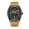 Timberland Sherbrook watch: black-plated stainless steel case, tan leather strap, bold numerals & logo on dial and strap.