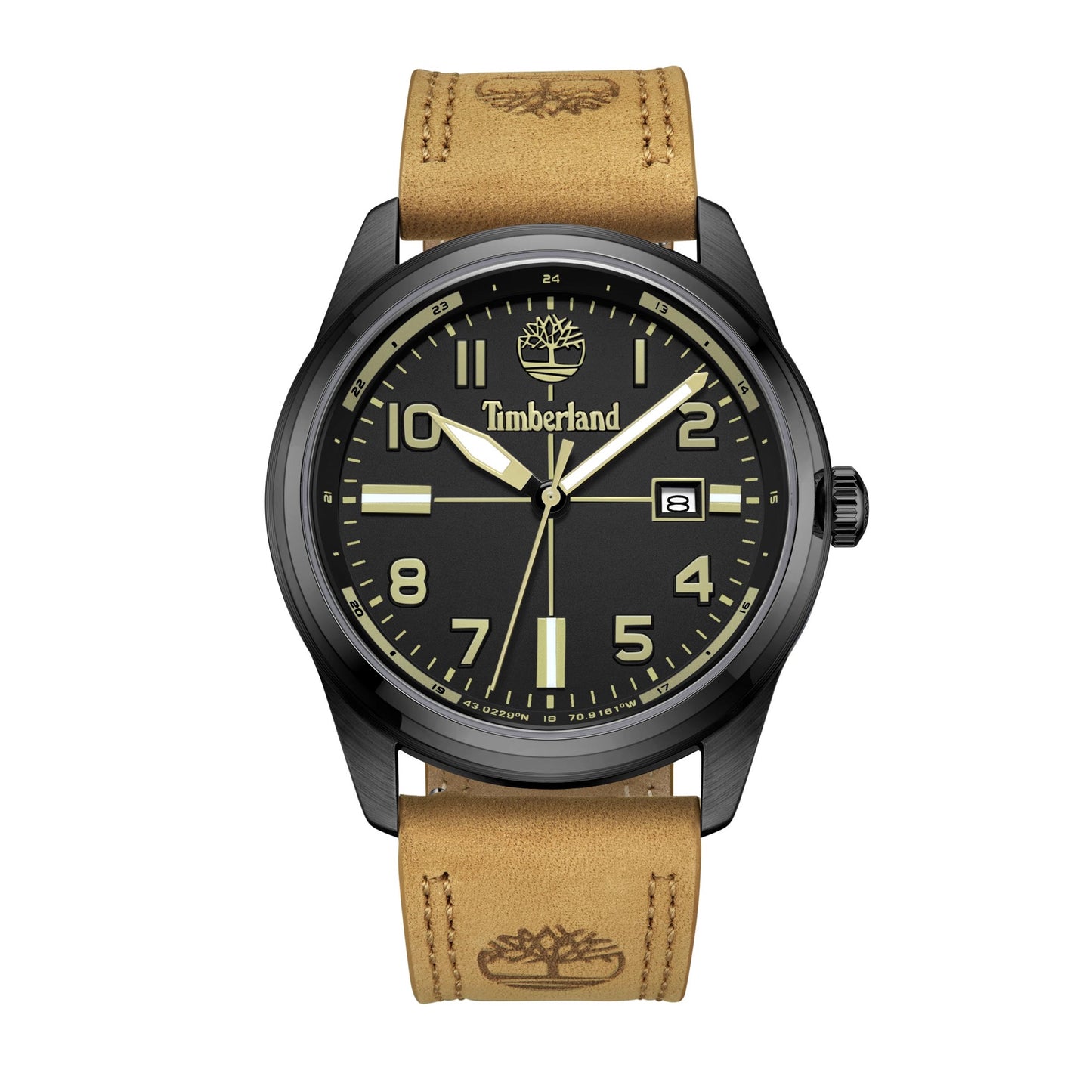 Timberland Sherbrook watch: black-plated stainless steel case, tan leather strap, bold numerals & logo on dial and strap.
