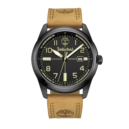 Timberland Sherbrook watch: black-plated stainless steel case, tan leather strap, bold numerals & logo on dial and strap.