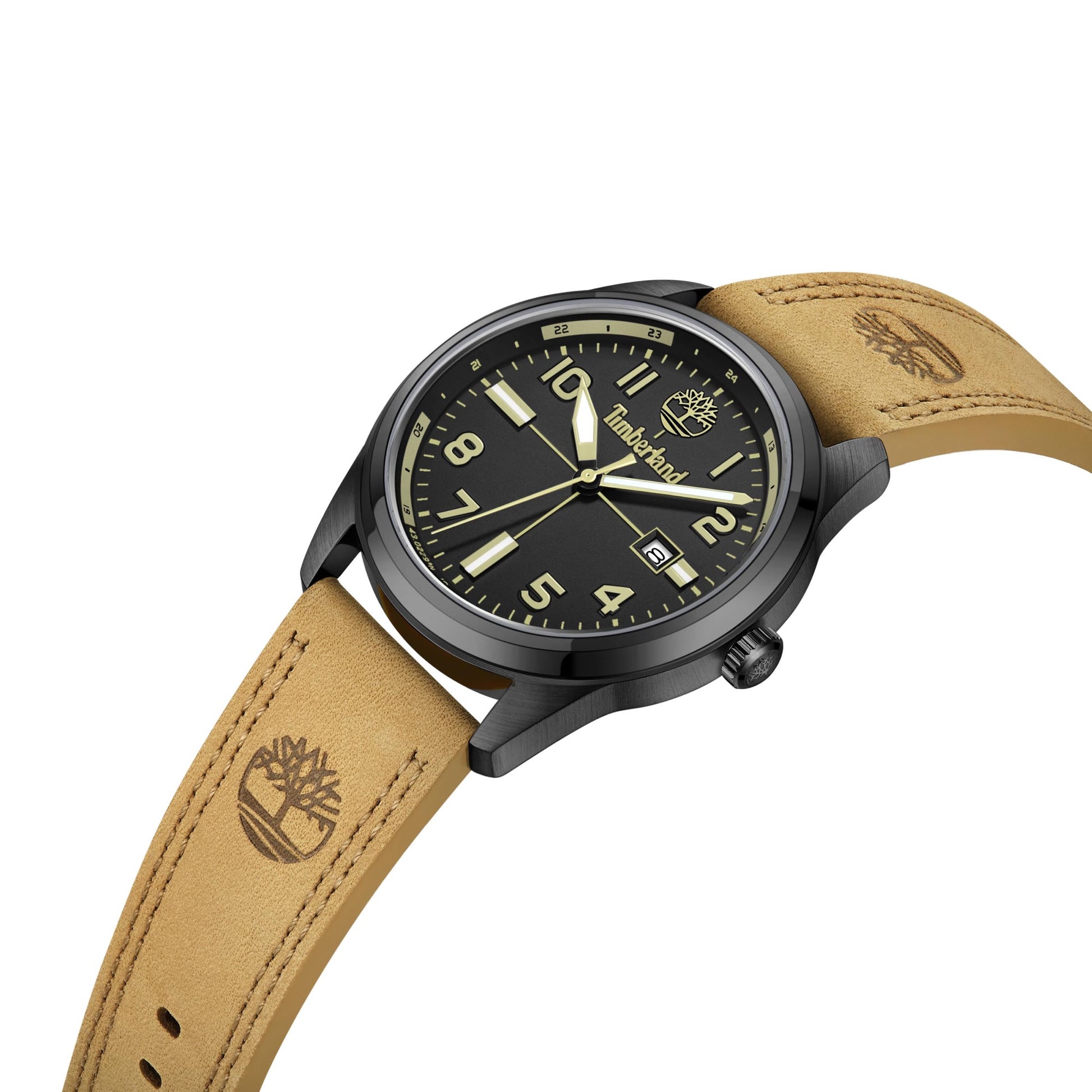 Timberland Sherbrook Watch: Black-plated stainless steel, tan leather strap, round face with numbers & date.