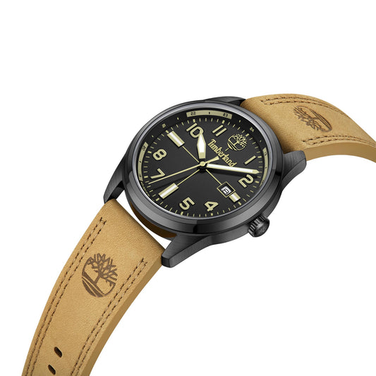 Timberland Sherbrook Watch: Black-plated stainless steel, tan leather strap, round face with numbers & date.