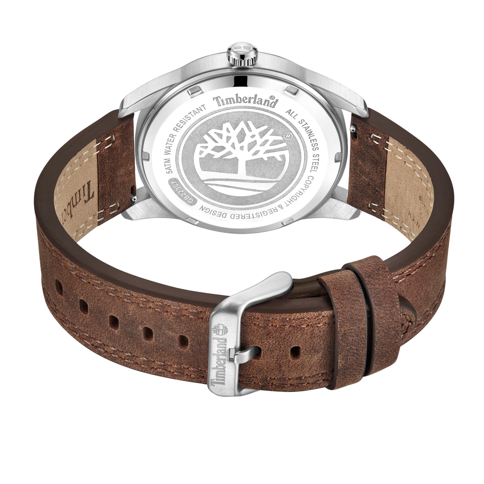 Back view of Timberland Sherbrook Men's Watch with brown leather strap and stainless steel case with logo.