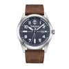 Timberland Sherbrook Watch: Silver case, leather strap, blue face, white numerals, date display.
