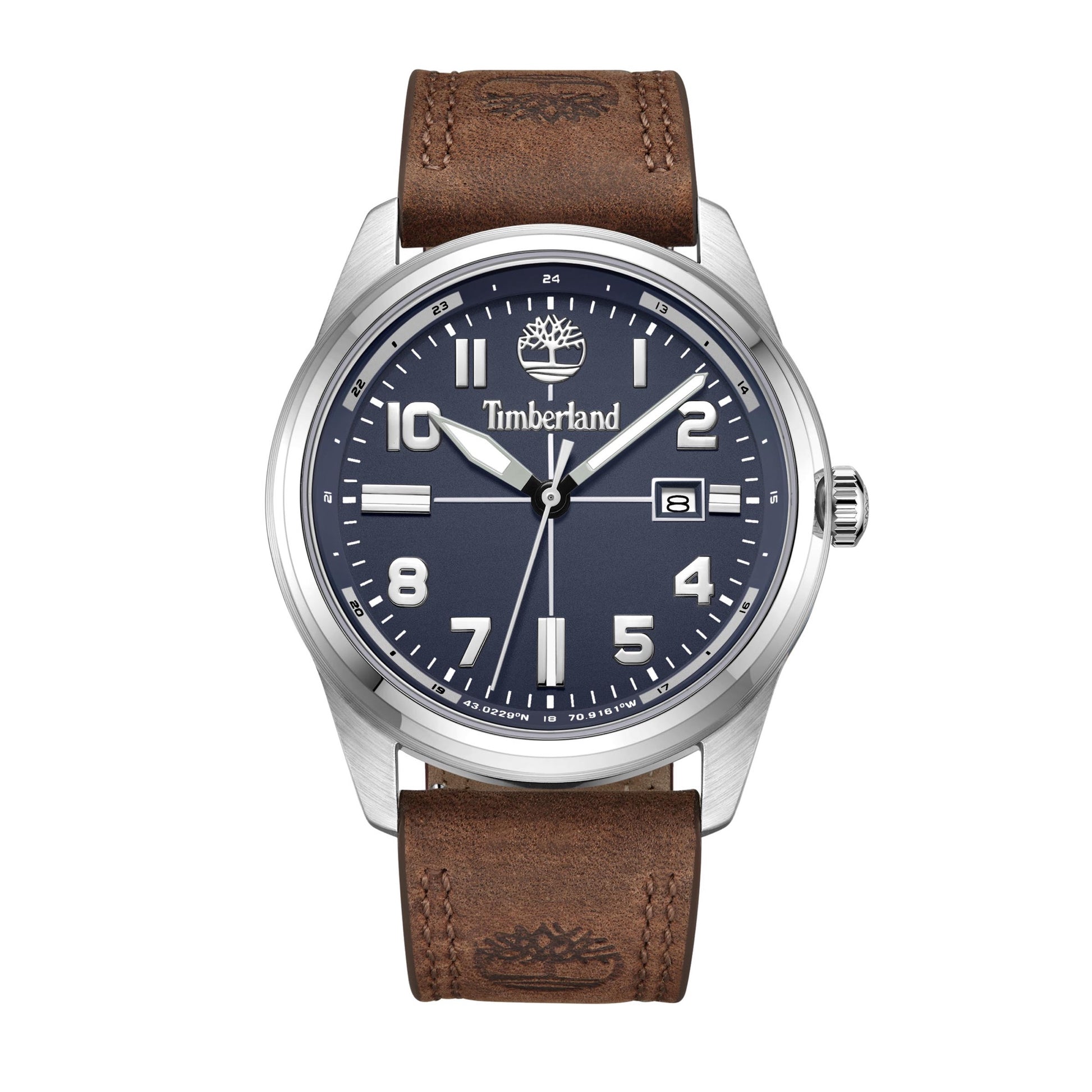 Timberland Sherbrook Watch: Silver case, leather strap, blue face, white numerals, date display.