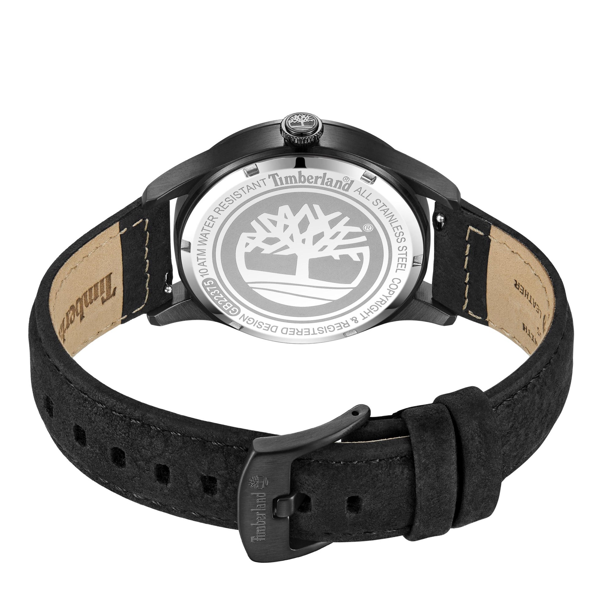Back of the Timberland Cornwall men's watch with a leather strap and tree logo engraved on the stainless steel case back.