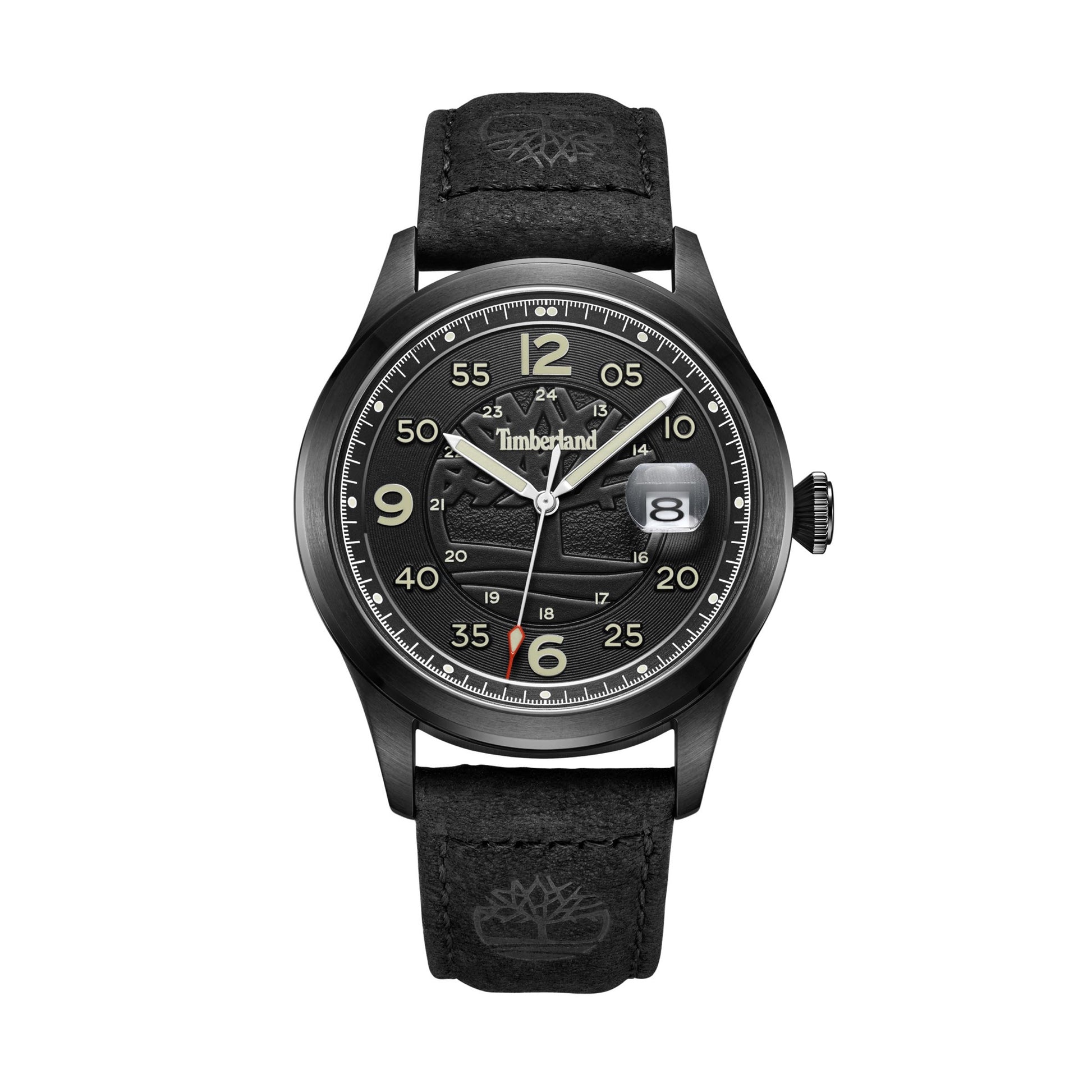 Timberland Cornwall Men's watch with black dial, black leather strap, analog display, date window, and silver markings.