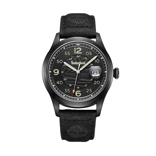 Timberland Cornwall Men's watch with black dial, black leather strap, analog display, date window, and silver markings.
