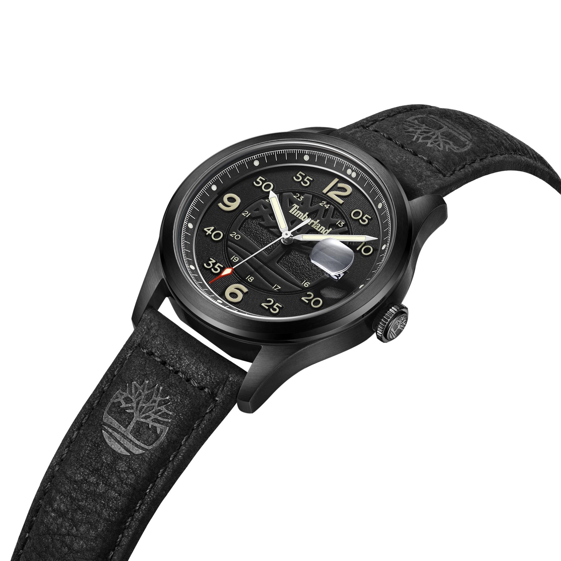 Timberland Cornwall men's watch with black dial, black leather strap, and bold numerals.