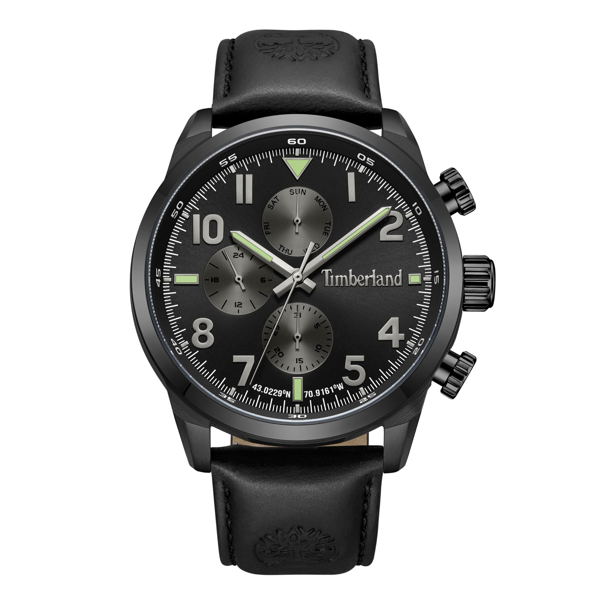 Timberland Henniker watch features a navy sunray dial, three subdials, and a waterproof leather strap.