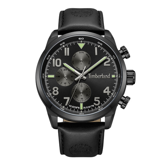 Timberland Henniker watch features a navy sunray dial, three subdials, and a waterproof leather strap.