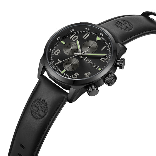 Timberland's Henniker watch: black multifunction with a sunray navy dial, waterproof leather strap, and engraved logos.