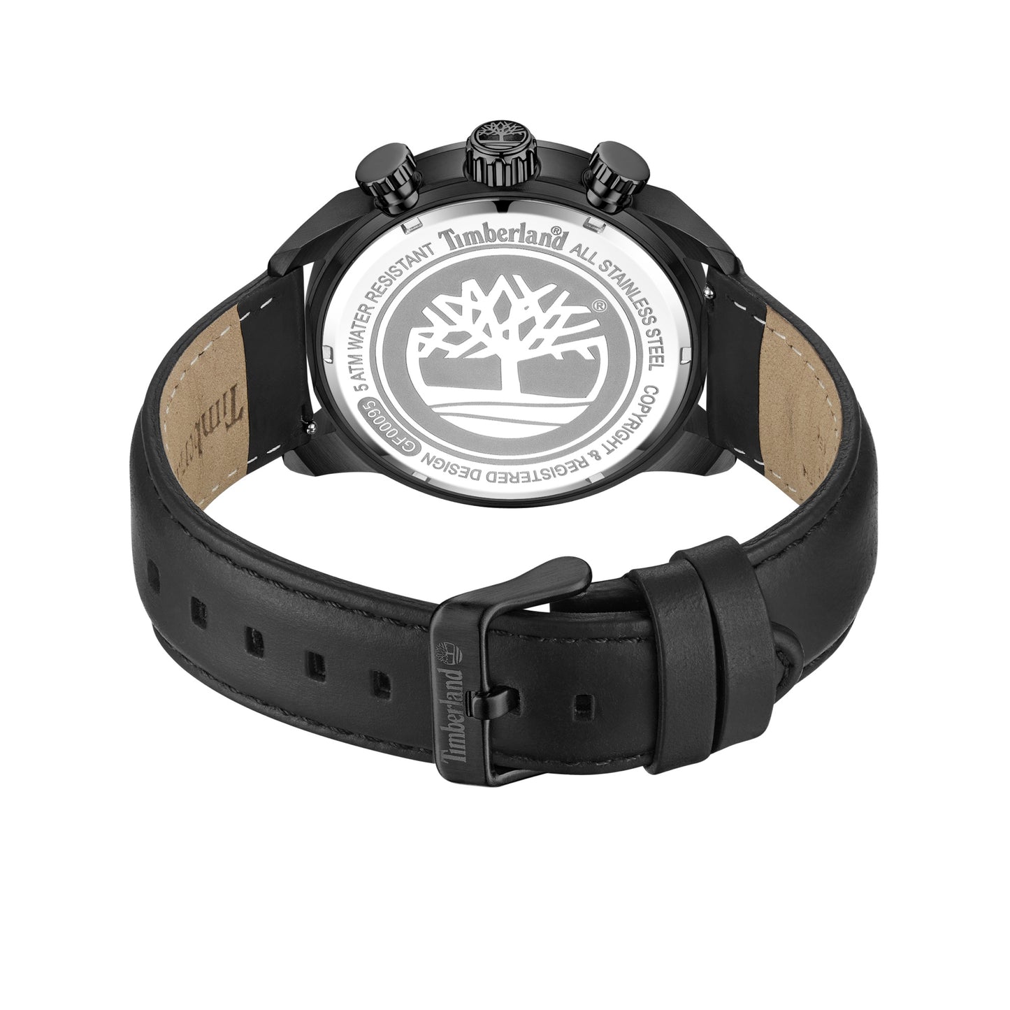 Back of Timberland Henniker watch with black waterproof leather strap, ionic-plated stainless steel, and engraved tree logo.