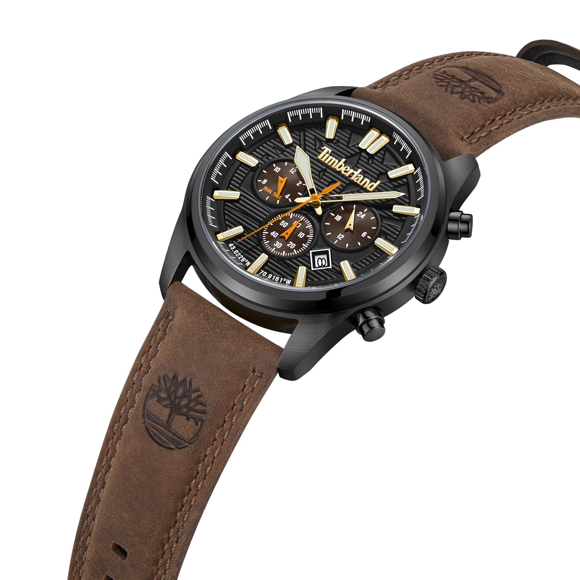 The Timberland Northbridge Watch blends rugged elegance with Japanese quartz, featuring a black-plated case & brown leather strap.