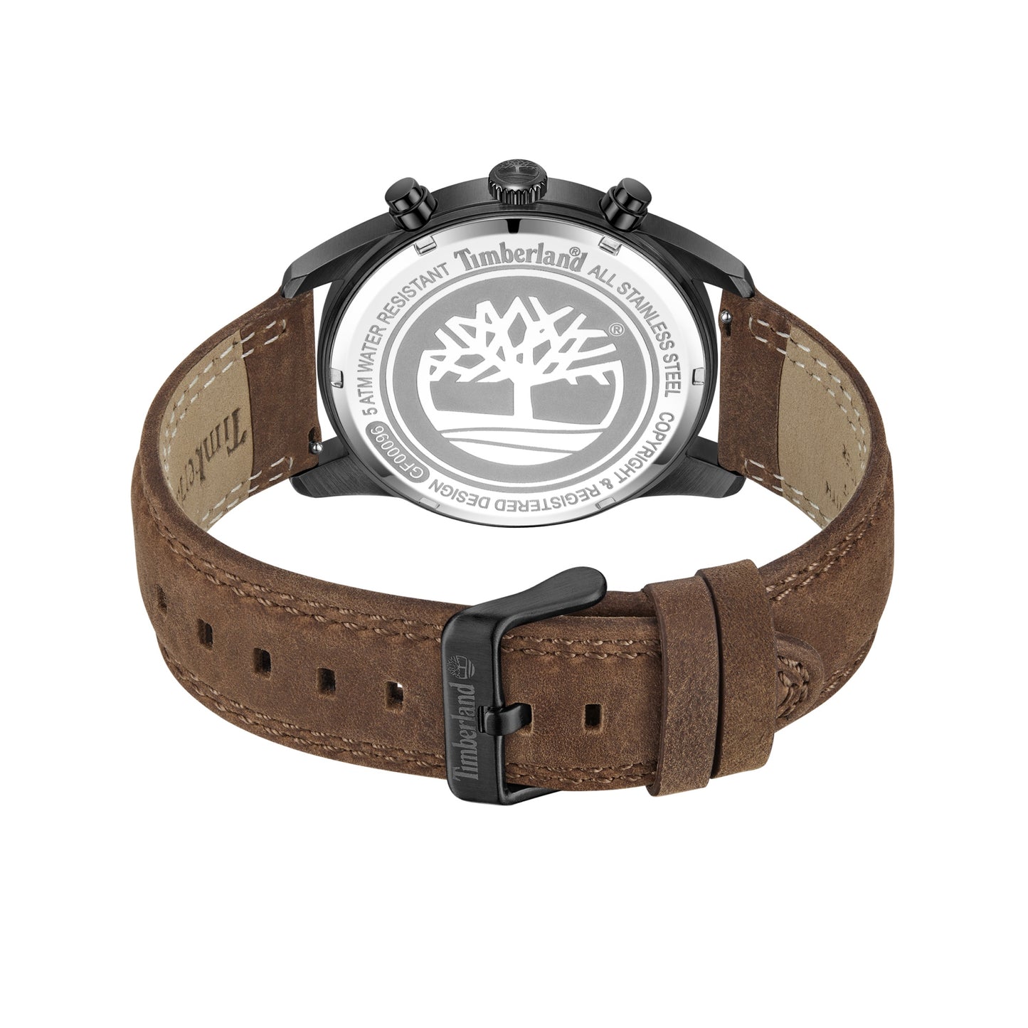 Back of Timberland Northbridge watch with brown leather strap and stainless steel back featuring the Timberland logo.