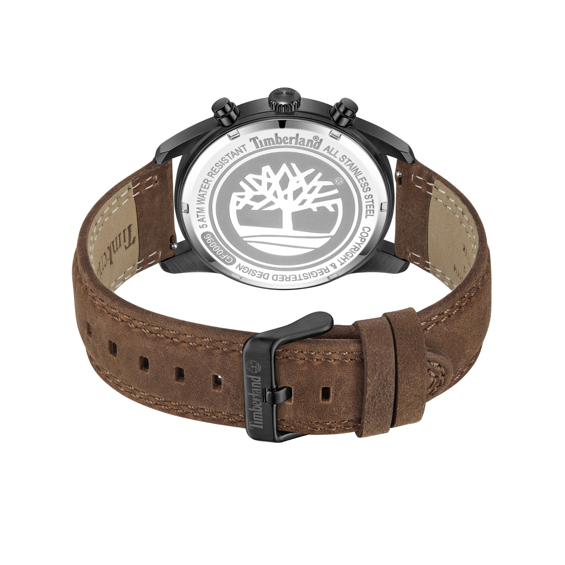 Back of Timberland Northbridge watch with brown leather strap and stainless steel back featuring the Timberland logo.