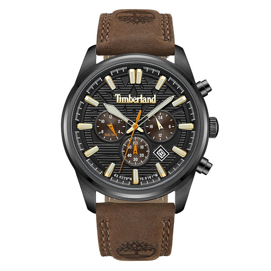 Timberland Northbridge chronograph watch with a brown leather strap, black face, and gold-tone markers.