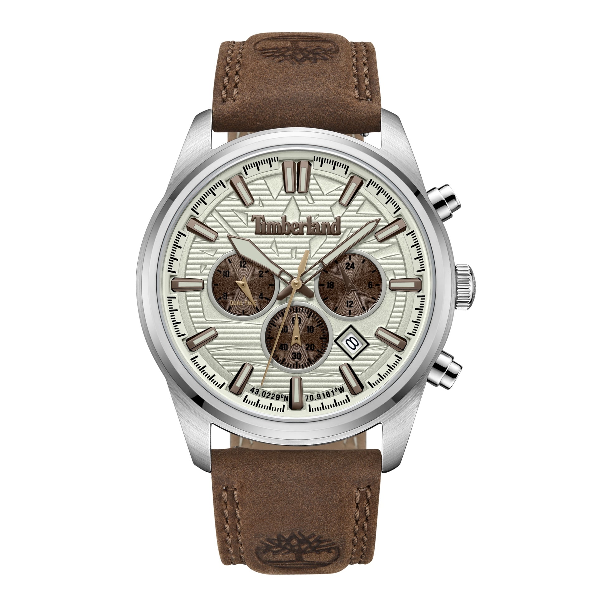 Timberland Northbridge watch with a brown leather strap, silver case, beige dial, and three subdials.