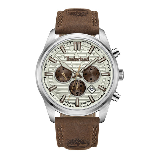 Timberland Northbridge watch with a brown leather strap, silver case, beige dial, and three subdials.