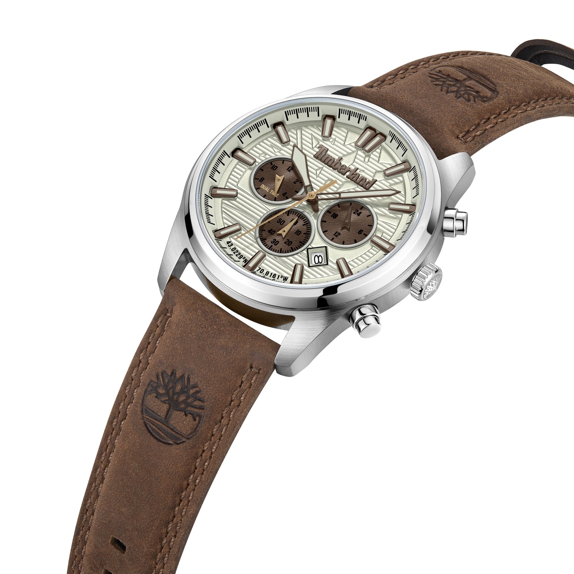 The Timberland Northbridge watch has a brown leather strap, detailed dial, chronograph functions, 3 sub-dials & a date window.