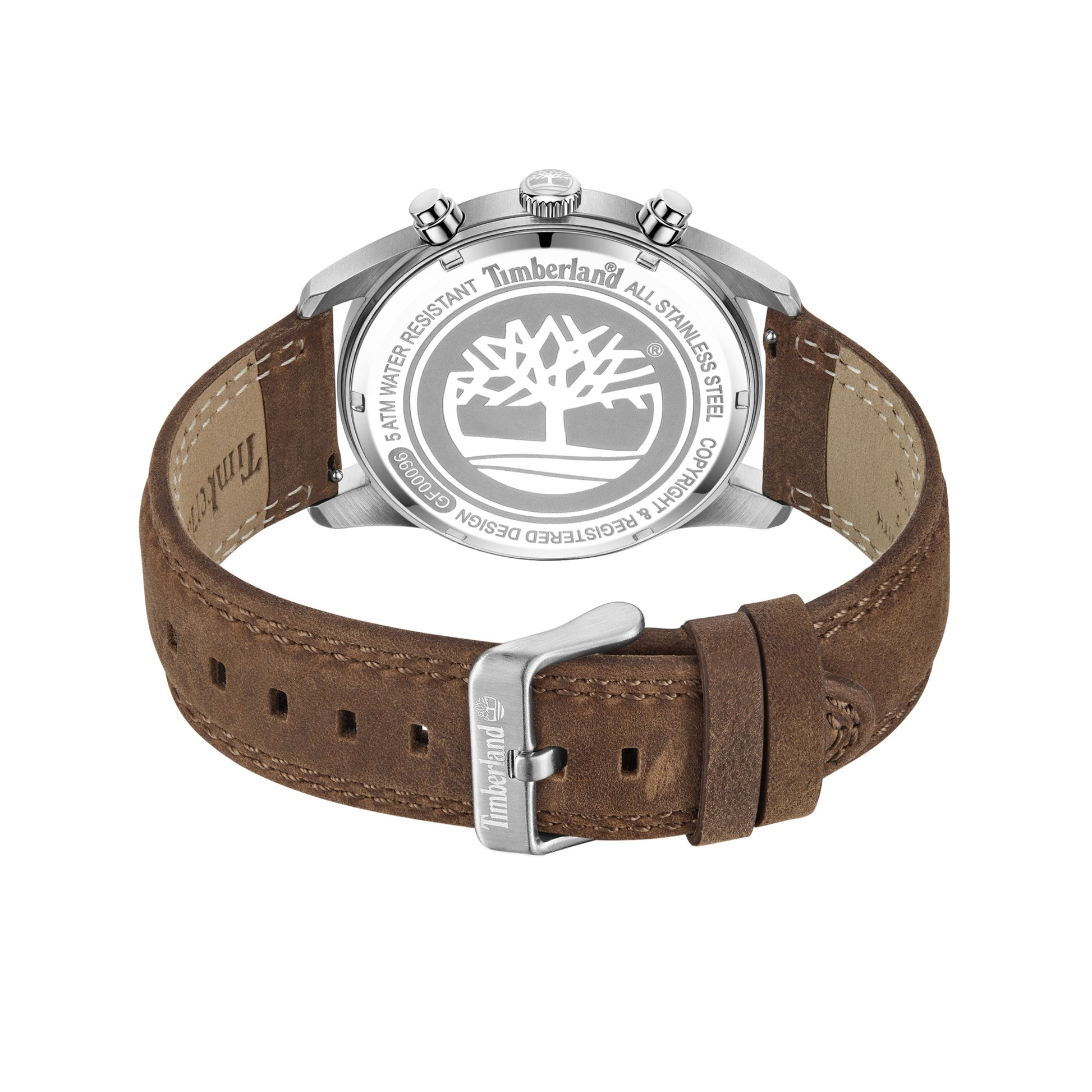 Back view of the Timberland Northbridge watch with urban explorer vibe, brown leather strap, and engraved metal casing logo.