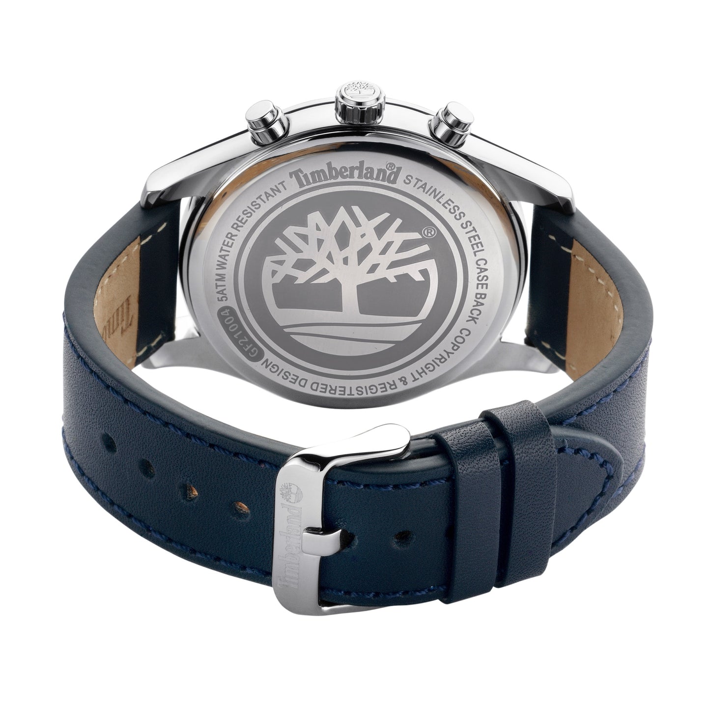 Back view of Timberland Demarest men's watch with black leather strap, featuring a tree logo on the steel case.