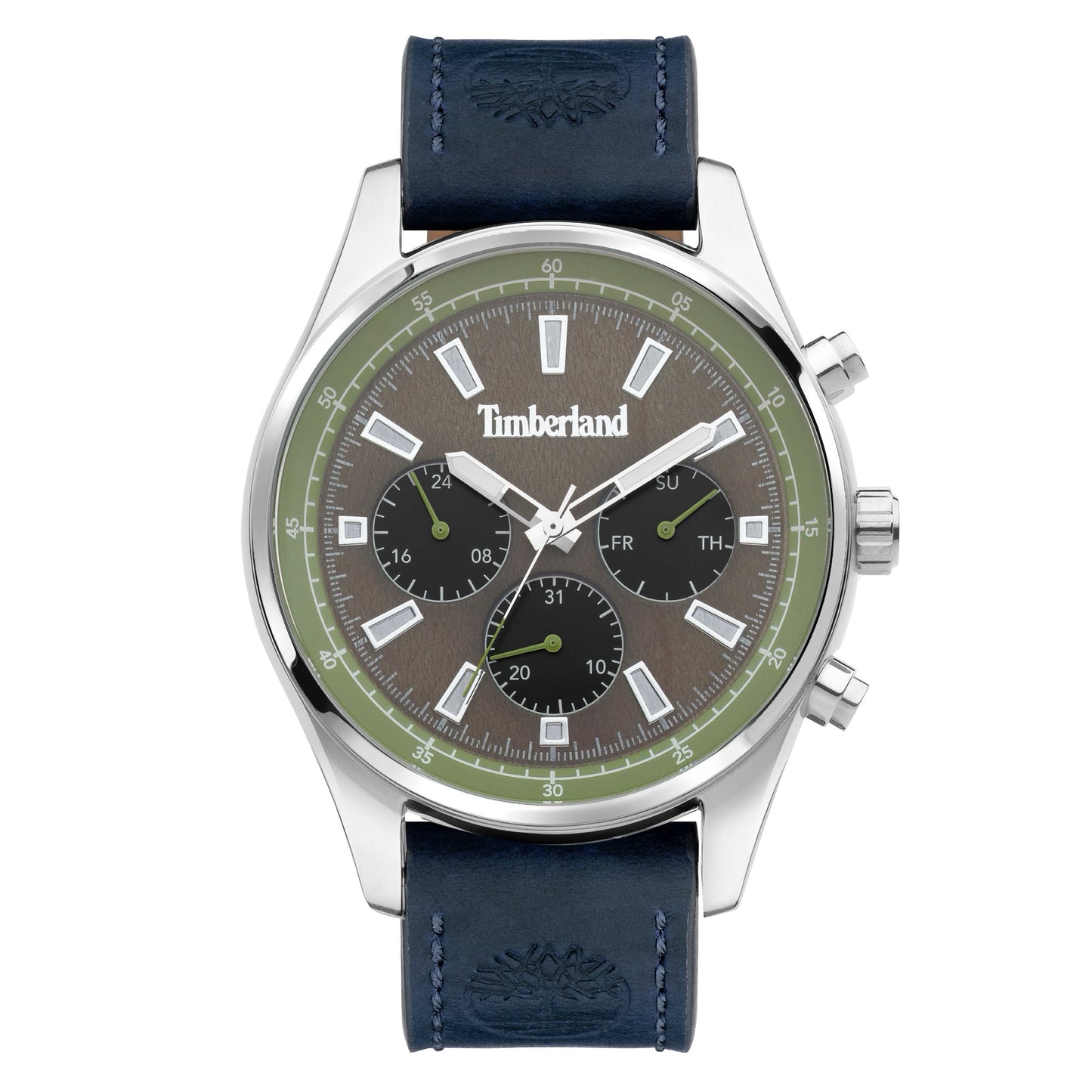 Timberland Demarest watch: black dial, subdials, date, blue leather strap, silver case.